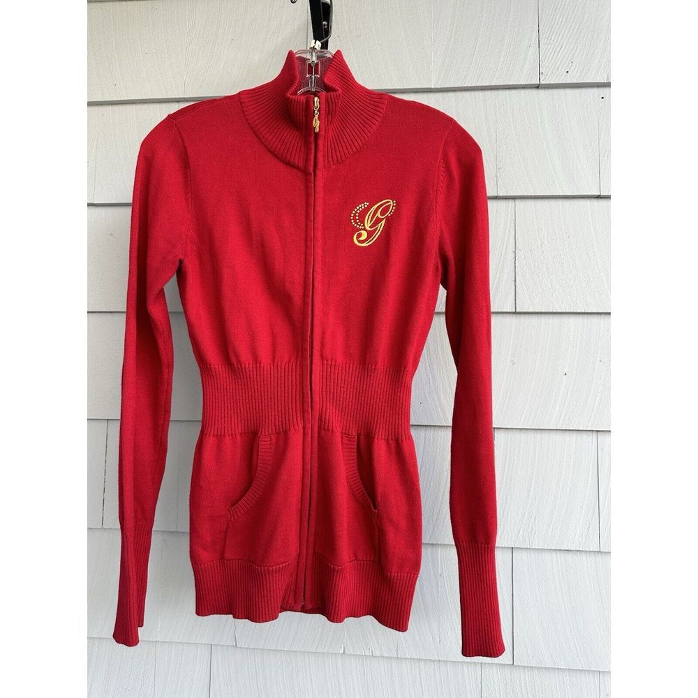 Guess Front Zip Red Knit Sweater w/ Cinched Waist & Bedazzeled Logo‎ Sz M